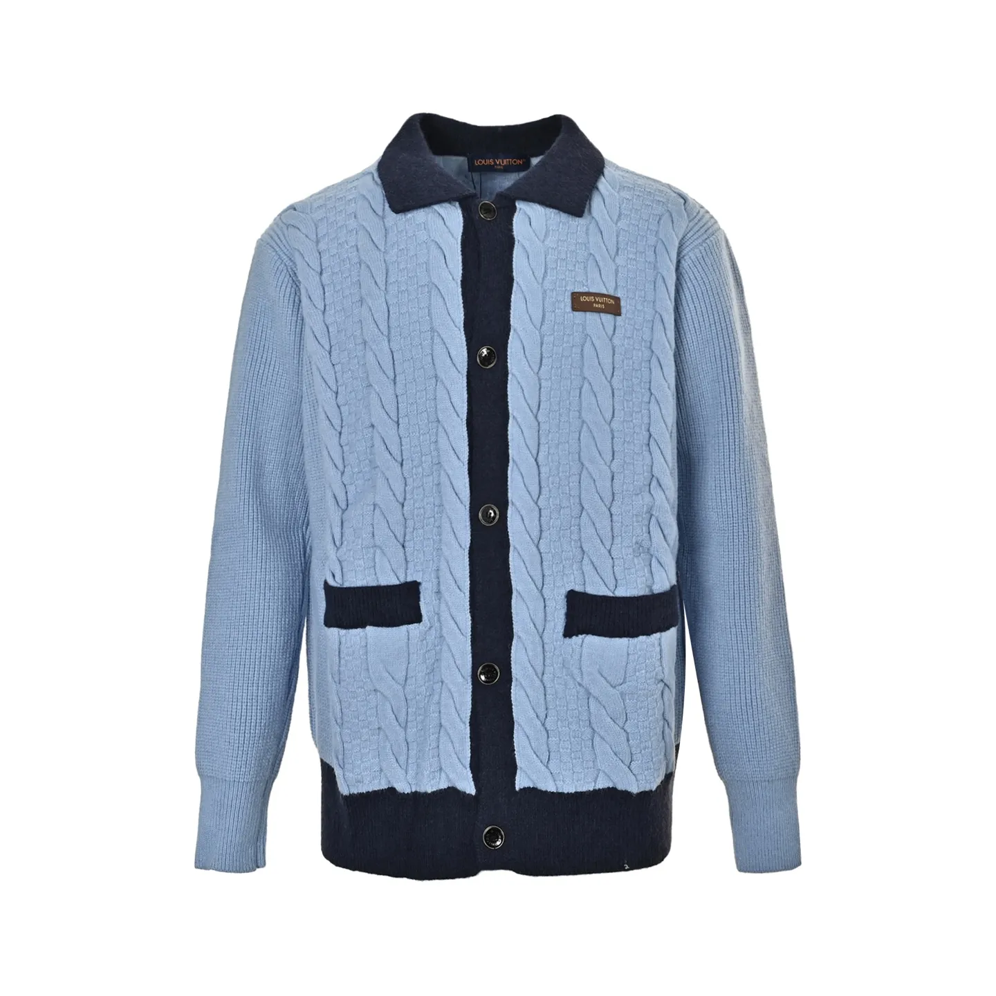 Louis Vuitton/Louis Vuitton leather label blue collar cable knit cardigan